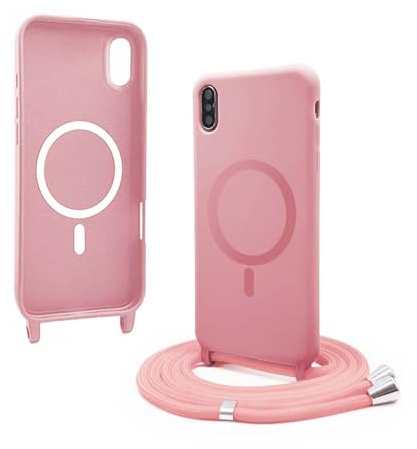 Bigcousin Handykette für iPhone XS Max Hülle mit Band,Magnetisch kompatibel mit Magsafe,Silikon Necklace Handyhülle mit verstellbar und abnehmbar,Pink