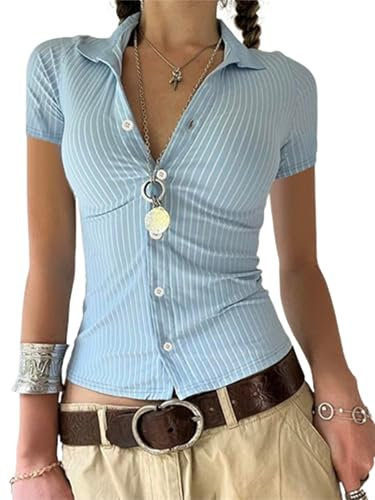 Women Y2k Basic Button Down Shirts Cap Sleeve Lapel Collar Tight Office Business Blouse 90s Slim Fit Ruched Tie Back Shirts (C-Blue, M)