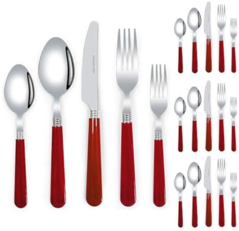 Thickened Plastic Handle Kitchen Stainless Steel Silverware Tableware Flatware Cutlery Set Steak Knife Fork Spoon Tea Spoon (Red,20 Pieces)