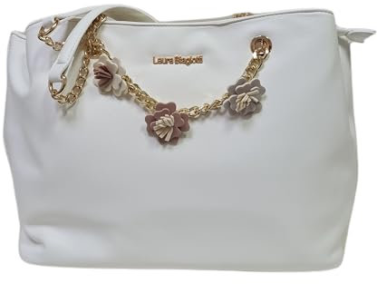 Laura Biagiotti Borsa Shopping in Pelle Sintetica con Fiori, Dimensioni 35x13x26 cm, Catena Dorata, Linea BRAZEN Art. LB25S-253-1 (BIANCO)
