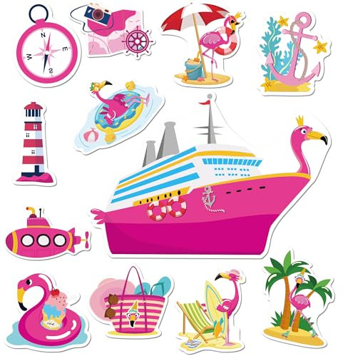 Cruise Door Magnets Decorations, 12PCS Pink Flamingo Tropical Holiday Cruise Magnets, Cruising Essentials Reusable Magnetic Ship Cabin Door Signs Fridge Decor