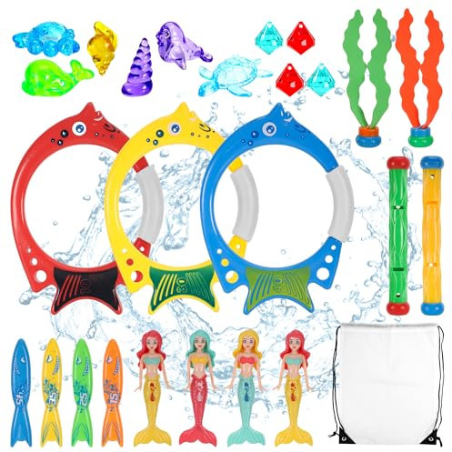TranRantic Pool Diving Toys, 26 Pcs Summer Swimming Toys with Storage Bag, Fun Sinkies for Kids Swimming, Underwater Training Dive Sticks, Diving Mermaid, Pool Games Accessories for Kids