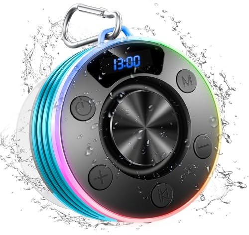 Enceinte Bluetooth Douche, Enceinte Bluetooth 5.4 avec HD Mic, 360° Stéréo enceinte bluetooth Portable Étanche IPX7 avec Ventouse, 8h Haut-Parleur de Douche Lumière LED pour Salle de Bain, Extérieur