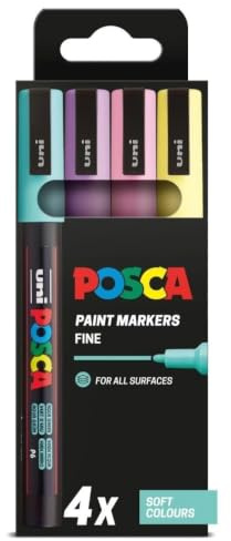 POSCA PC-3M Fine Tip Acrylic Paint Marker Pens, Soft Colours (4-Pack) | 0.9–1.3 mm Fine Tip, for All Surfaces, Water-Based, Biodegradable Packaging