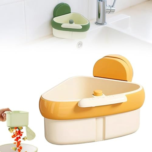 2025 New Corner Sink Strainer Basket with Suction Cup - Auto Dumping Sink Food Waste Catcher, Triangle Drain Basket for Kitchen (Yellow)