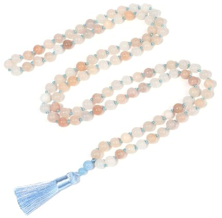 BALIBALI 8MM Beads Chakra Long Mala Necklace Natural Stone Meditation Statement Necklace Japa Yoga Buddhist Rosary Prayer Charm Beaded Tassel Necklace, 50 cm, Pink Aventurine, pink aventurine