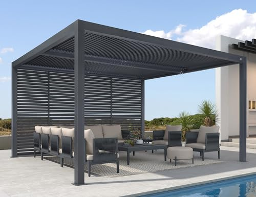 PURPLE LEAF Pergola 3.65 x 4.25 m Lamellenwände Entwässerungssystem, Grau | Festen Lamellen-Paneelen, Schattenkomfort, Regenschutz, Entwässerungssystem, Hoher Windstabilität, Privater Außenbereich