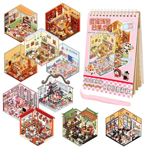 AKONE 10 Sets 3D House Stickers mit Pinzette, DIY Cozy Little Home House Scene Sticker Book, Fun Haus Aufkleber Scene Set von Bäckerei Buchhandlung Restaurant, für Erwachsene und Kinder Stressabba