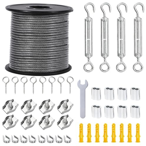 Cavo Acciaio Inox 30 m 2 mm, Kit Tensionamento M5 con Ganci ad Occhiello, Fune Metallica Resistente per Stendibiancheria, Piante Rampicanti, Illuminazione Esterna, Progetti DIY (30m*2mm)