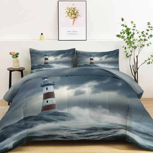 Natürliche Wellen Leuchtturm Ganzjahresdecke, 4 Jahreszeiten Waschbare Bettdecke Ohne Bezug, Wendbare Tagesdecke aus Mikrofaser, beidseitig verwendbar, 135x200 cm, Graublau