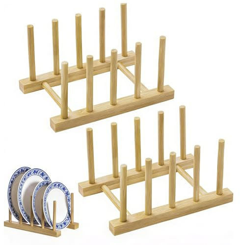 ToqoGeri 2Pcs Wooden Plate Rack, Plate Organiser for Kitchen Cupboard, Kitchen Cabinet Storage Rack, Can Be Used as a Wooden Shelf for Pot Lids/Plates/Cups/Books