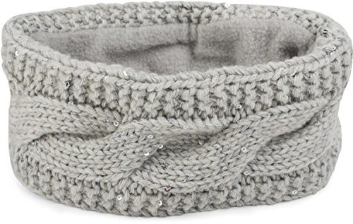 styleBREAKER Damen Stirnband Grobstrick mit Zopfmuster und Pailletten, warmes Fleece Innenfutter, Haarband, Headband 04026002, Farbe:Hellgrau
