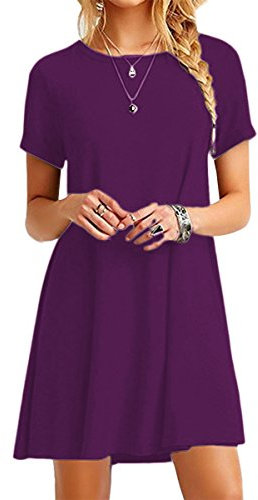 YMING Femme Robe Tunique Manches Courtes Robe Col Rond Robe T-Shirt Robe Mini Violet Foncé L/FR 40