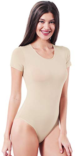 VEDATS Damen Body Kurzarm Rundhals Bodysuit T-Shirt Top Unterhemd (M, Hautfarben)