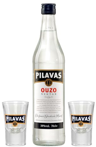 Ouzo Pilavas Nektar 0,7l Flasche mit 2 Original Pilavas Gläsern | 38% Vol. | + 20ml Jassas Olivenöl