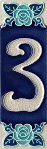 Hausnummern, phosphoreszierend, handbemalte italienische Keramik-Zahlen- und Buchstaben-Fliesen, Rosen-Design, Fliesen-Größe: 15 cm x 5 cm (Zahl 3)