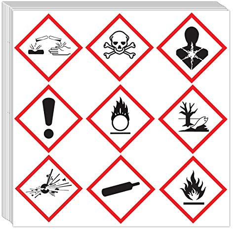 GHS Batch Piktogramm-Aufkleber, OSHA-konform, 5.1 x 5.1 cm, Sicherheits-Aufkleber, für Korrosion, Umwelt, Ausrufezeichen, Explodierende Bombe, Flamme, Flamme O (504 Stück)