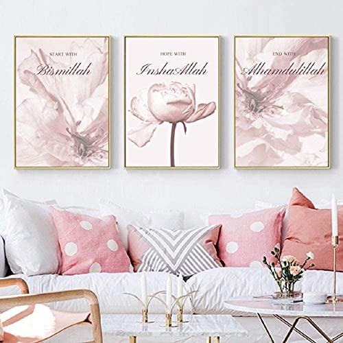LIANGX Impression sur toile - Poster - Fleur rose - Décoration murale pour chambre à coucher - Impression d'art Bismillah - Ensemble d'images - Impression d'art - Pour la maison et le salon - Sans