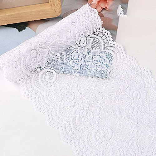 Duories 15cm x 3m Elastizität Spitzenband Spitzenbordüre Spitzenborte Zierband Dekoband Spitzen Borten Bänder zum Nähen,DIY Basteln,Deko für Kleidung Unterwäsche Dessous Hochzeitskleid Tischdeko,Weiß