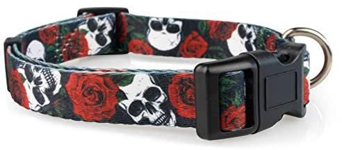 Limeloot Schädel und Rosen Hundehalsband für große Hunde, Junge oder Mädchen Hundehalsband mit Blumen und Totenköpfen, Größe L