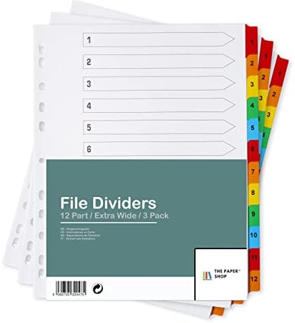 [3 Pack] A4+ Extra Wide 12 Part File Dividers A4+ Extra Wide 12 Part Numbered Subject Dividers Multipunched Reinforced Colour Tabs 150gsm