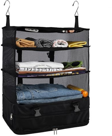 Surblue Hanging 3-Shelf Closet Organizer Foldable Travel Storage Bag for Clothes Washable Oxford Fabric with 2 Hooks Black XL