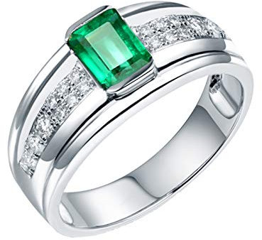 Ring Männer Gold, Ring aus 18 Karat Weißgold 4 Zinken 1ct Rechteck-Labor Schuf Smaragd mit 0.18ct Moissanit Größe 70 (22.3)