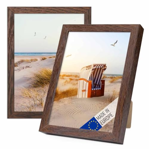 PHOTOLINI Bilderrahmen Holz 15x20 Eiche Dunkel, Holzbilderrahmen Made in EU, 2er Set, bruchsicheres Acrylglas, zum Aufhängen & Aufstellen, extra Zubehör - für Ihre liebsten Fotos & Bilder