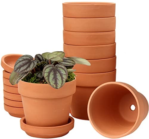 Lot de 8 mini pots en terre cuite de 13x13 cm avec trou de drainage, pots de fleurs en argile avec soucoupes, pots de fleurs en poterie avec plateau, jardin, balcon