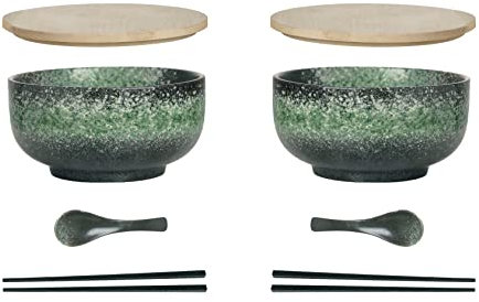 Ramen Schüssel Keramik 2 Set (8 Stück) mit Löffel Essstäbchen,1100 ML Großer Suppenschüssel,Salatschüsseln Für Suppe, Pho und Sushi Bowl (Grün Schale 2 Set)