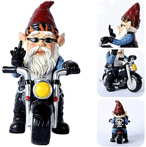 LOMUG Gartenzwerg Motorrad Zwerge, 15 x 14 cm Motorrad gartenzwerg, Gartendeko Gartenzwerge für außen, Gartenzwerg für Garten,Dekoration Terasse Balkon,Weihnachten Geschenk für Manner