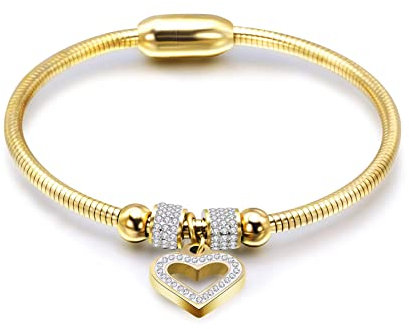 KunBead Jewelry Gold Heart Charm Birthday Bracelet Stainless Steel Love Bangle Cuff Jewellery Bracelets for Women