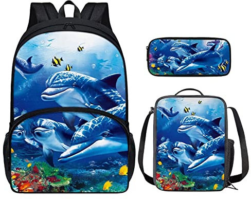 Showudesigns Mochila infantil con lonchera para niños, estuche escolar, Delfín, talla única