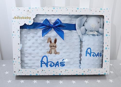BotoBaby ★ GESCHENKSET Babydecke mit Namen und Datum Bestickt + Schmusetuch ★ Geschenk ★Geburt ★ Taufe ★ (Set 3)