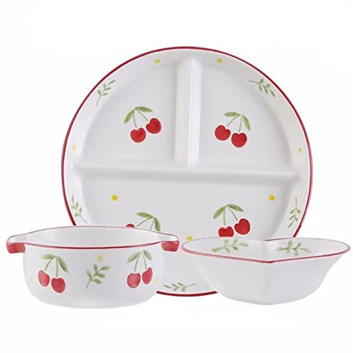 Ensemble de Couverts 3 pièces Une Personne utilise des Assiettes bariatriques for Le contrôle des portions, Assiette divisée/Bols à Soupe-Blanc avec Motif de Fruits (Color : A)