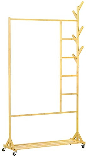 HOMCOM Kleiderständer Garderobenständer mit Kleiderhaken, Hängeschiene, Regal, Rollen, Garderobe aus Bambus für Schlafzimmer, Ausstellungen, Waschküche, Waschküche, Natur