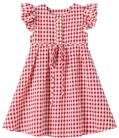 Ugitopi Kleines Mädchen Flatterärmel Baumwoll-Leinen Kleid Kleinkind Kinder Doppelte Rüschen Freizeitkleider (Plaid Red 90)