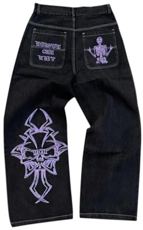 ORANDESIGNE Y2K Jeans Uomo Larghi Pantaloni Cargo Hip Hop Denim Pantaloni a Gamba Larga Streetwear A Viola XS