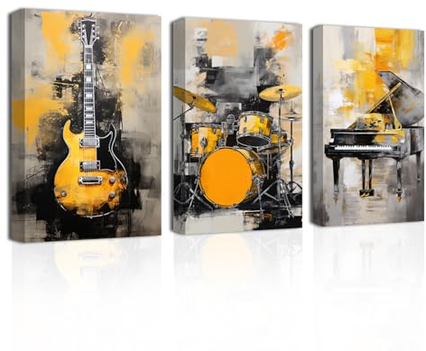 CXHOSTENT Musik Leinwand Wandbilder 3 Panel Klavier Gitarre Regal Trommel Kunstdrucke gelbe und graue Musik Poster abstrakte Musikinstrument Bilder (Music, 28.00 x 35.00 cms x 3PCS)
