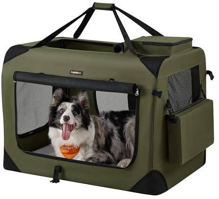 Feandrea Hundebox faltbar, Transportbox Hund, XXL, Hundetasche, Oxford-Gewebe, Netzstoff, atmungsaktiv tragbar transportabel, Metallrahmen, mit Griffen, Taschen, 91 x 63 x 63 cm, waldgrün PDC090C01