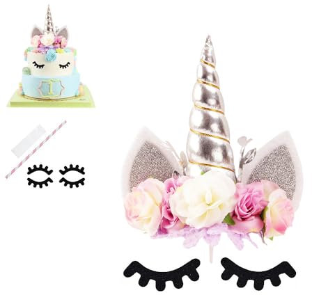 Nishine Tortenaufsatz mit Rosenblüte, für Geburtstagsparty, Kuchendekoration (Silber&Elfenbein)