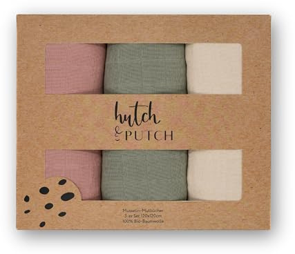 hutch&putch 3er Set Mulltuch einfarbig 100% Bio-Baumwolle 120x120cm - Pucktuch Baby - Musselin Wickeltuch - Kuscheltuch - Geschenk zur Geburt… (Rosa/Salbeigrün/Cremeweiß)