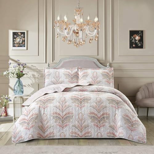 PRIME LINENS Luxury 3 Piece Quilted Printed Bedspread Set Throw Bedding Set Includes Soft Bed Throw Comforter with 2 Pillow Shams Embroidered Machine Wash (Jasmine Pink, Double)