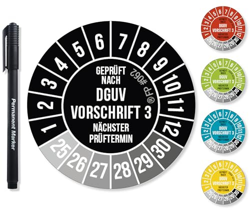 Frank Paperman® DGUV V3 Prüfplaketten Schwarz inkl. Folienstift, Prüfplaketten Nächster Prüftermin, UV-beständig, Hohe Klebkraft, 5 Farben, 2 Größen (600, 30 mm)