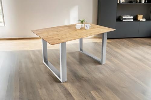 SAM Esstisch 160 x 85 cm Dean, Massivholztisch Eiche, Schweizer Kante, Esszimmertisch mit U-Gestell aus Metall Silber, pflegeleichter Holztisch
