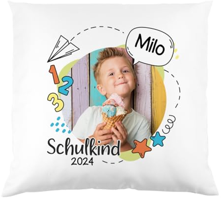 Striefchen® Personalisiertes Kissen zur Einschulung mit eigenem Foto, 40x40 cm (Bunt)