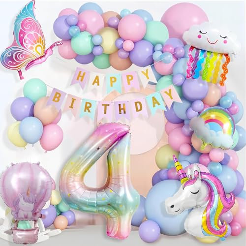 Einhorn Geburtstagsdeko Mädchen 4 Jahre, Kindergeburtstag Luftballons, Happy Birthday Banner, Schmetterling Folienballon, 4. Geburtstag Mädchen Deko