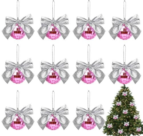 12 Pcs Mirror Disco Balls,Mini Disco Balls with Ribbon Bow for Christmas Tree Decor,Newest Christmas Baubles for XMAS Holidays Party New Year Wedding Decor(Pink)