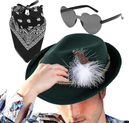 puzzlegame Deutsche Hüte für das Oktoberfest,Bayerischer Hut | Fedora Oktoberfest Hut 1set mit Kopftuch Brille Kunstleder,Deutscher Jägerhut aus Vliesstoff, deutscher Alpen-Bayerischer Hut für