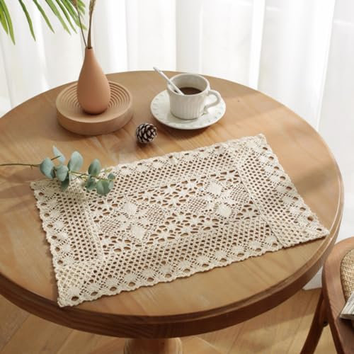 Anevous 2er Set Häkel Spitze Baumwolle Tischsets, 32 x 40 cm Abwaschbar Tischset, Rechteckiges Platzdeckchen, rutschfest Platzset für Tischdek Esstisch,Beige C